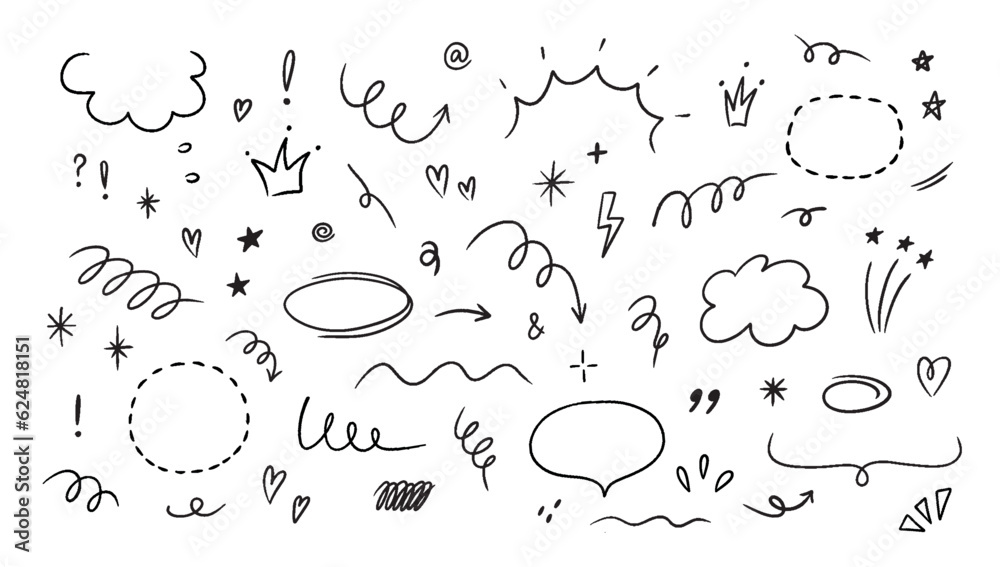 Poster Sketch line simple elements such as cloud, star, heart shape. Hand drawn simple elements set. Doodle vector illustration isolated on white background.