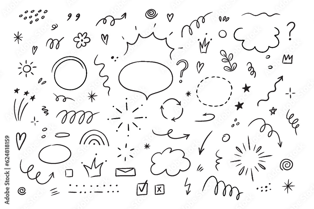Aufkleber Sketch line simple elements such as cloud, star, heart shape. Hand drawn simple elements set. Doodle vector illustration isolated on white background.