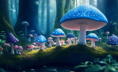 Fototapeta na wymiar A magical forest with mushrooms, Generative AI Illustration.