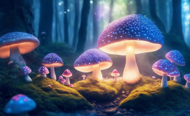 A magical forest with mushrooms, Generative AI Illustration.