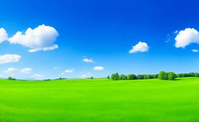 Fototapeta premium Green meadow and blue sky, Generative AI Illustration.