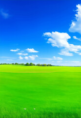 Fototapeta premium Green meadow and blue sky, Generative AI Illustration.