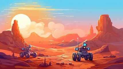 Background mars rovers and planetary exploration. The Martian landscape with the Mars rovers in an illustration featuring backgrounds and banner. Generative AI.