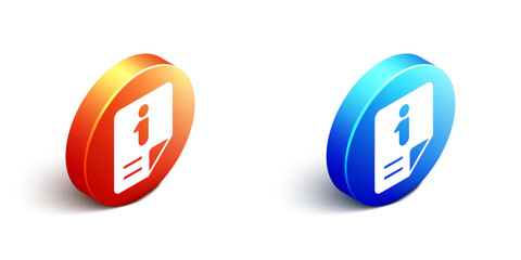 Obraz premium Isometric Information icon isolated on white background. Orange and blue circle button. Vector