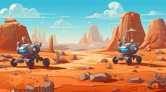 Background mars rovers and planetary exploration. Scientific adventure with the Mars rovers through an illustration that combines abstract backgrounds and banner. Generative AI.