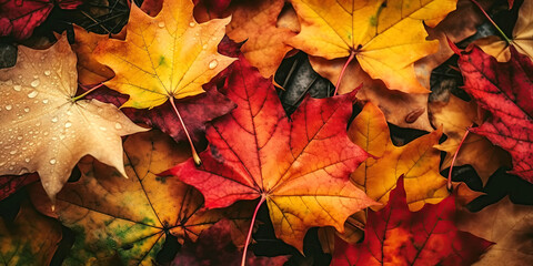 Fototapeta premium autumn background with fallen orange golden maple leaves with a copy space. Generative AI illustration