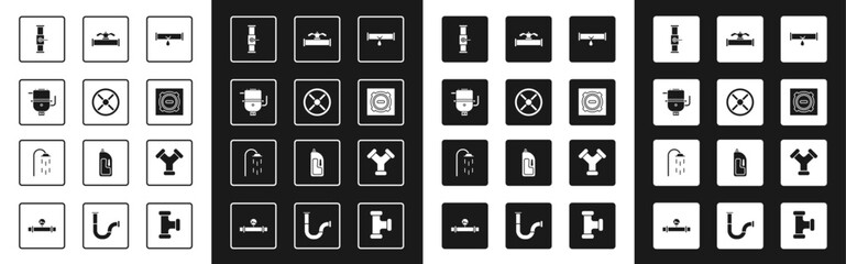 Set Broken pipe with leaking water, Industry valve, Electric boiler for heating, and, Manhole sewer cover, metallic and Shower icon. Vector