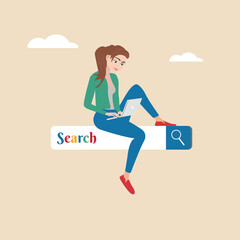 Search box, SEO search engine optimization or finding online job or career opportunity concept, woman working with computer laptop on search box with magnifying glass button.