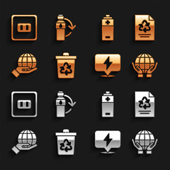 Set Recycle bin with recycle, Paper, Hands holding Earth globe, Lightning bolt, Battery, Electrical outlet and Recycling plastic bottle icon. Vector