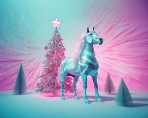 Creative scene with horse and decor christmas tree on pink blue background. Symbol of faith, love, power. Happy new year. Illustration, Generative ai.