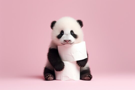 Cute funny small baby panda bear playing with roll of toilet paper on bright pink background. Minimal summer fun creative scene with animal. Illustration. Generative ai.