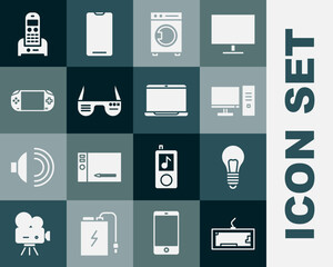 Set Keyboard, Light bulb with concept of idea, Computer monitor, Washer, Smart glasses, Portable video game console, Telephone and Laptop icon. Vector
