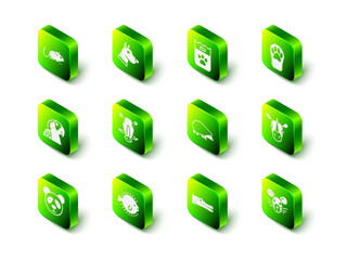 Set Dog head, Bag of food, Paw print, Rhinoceros, Rat, Hedgehog, Crocodile and Puffer fish icon. Vector © Vadim