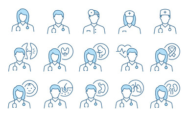 Doctor flat line icons. Editable Stroke. Change to any size and any colour. Vector illustration. - 624822392