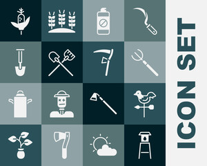 Set Water tower, Rooster weather vane, Garden pitchfork, sprayer fertilizer, Shovel, Corn and Scythe icon. Vector