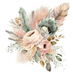 Boho Flower bouquet with feathers, floral arrangement watercolor illustration isolated with a transparent background, pastel blossom flowers design created with Generative AI