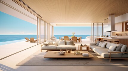 Fototapeta na wymiar A minimalist beachfront villa photo realistic illustration - Generative AI.