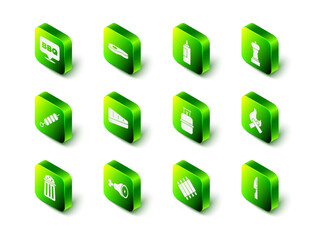 Set Steak meat, Sauce bottle, Pepper, Campfire, Barbecue knife, Propane gas tank, Grilled pork bbq ribs and Chicken leg icon. Vector