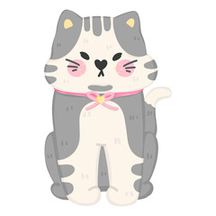 Fluffy cat sitting on the floor with a pink ribbon 