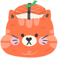 Orange cat with a Sushi salmon on head 