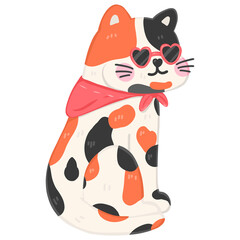 Fototapeta na wymiar Tricolor cat with a rad sunglasses sitting on the floor 