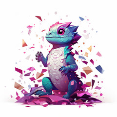 cute cartoon lizard with confetti sprinkles, a low poly illustration, adorable character, mascot, concept, digital art