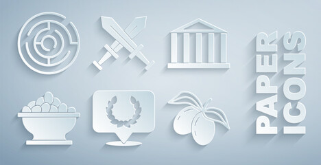 Set Laurel wreath, Parthenon, Olives in bowl, branch, Crossed medieval sword and Minotaur labyrinth icon. Vector