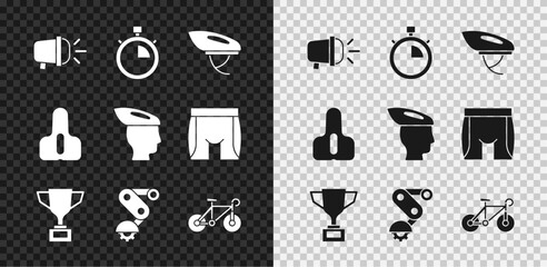 Set Bicycle head lamp, Stopwatch, helmet, Award cup with bicycle, Derailleur rear, seat and icon. Vector