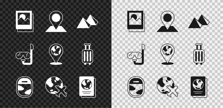 Set Photo, Location, Egypt pyramids, Airplane window, Globe with flying, Passport, Diving mask and snorkel and the globe icon. Vector