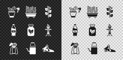 Set Spraying plant, Plant pot, Ivy branch, on stand, Watering can, Broken, Bottle of water and Fertilizer bottle icon. Vector