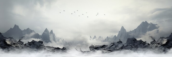 A group of birds flying over a mountain range. Generative AI.