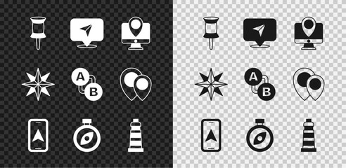 Set Push pin, Infographic of city map navigation, Monitor with location marker, City, Compass, Lighthouse, Wind rose and Route icon. Vector