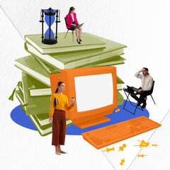 Contemporary art collage. Young people, employees passing online exam via computer. Lack of time....