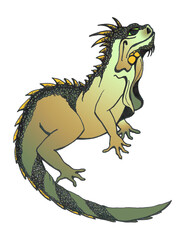 Isolated digital image of a lizard-like dragon in an orange-green gradient. Traditional symbol of the Chinese New Year. Cartoon humanized silhouette of an exotic animal with a sharp crest on its back.