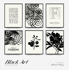 Abstract floral posters template. Modern Botanical trendy black style. Vintage flowers. Ink wall  art.