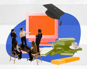 Contemporary art collage. Young people, colleagues attention workshop, learning new information...