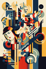 Music concert, Bauhaus style background, trendy 20s geometric design poster design, generative AI digital art.