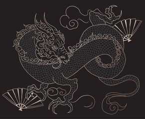 hand drawn japanese vector dragon on abstract waves in black and gold colours	