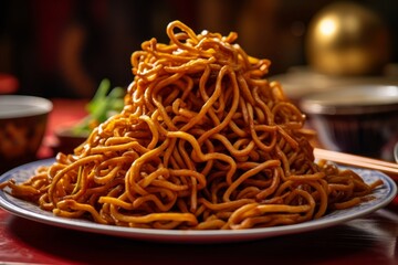 Shanghai Fried Noodles piled high on a plate, showing the glossy texture of the noodles