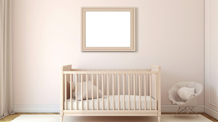 A baby's room with a crib and a rocking chair. Generative AI. Empty frame on a wall mockup.