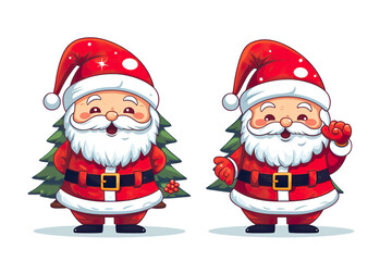 Obraz premium cute santa claus smiling side by side christmas tree, white isolated background,cartoon style PNG