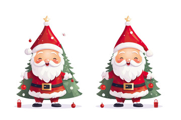 cute santa claus smiling side by side christmas tree, white isolated background,cartoon style PNG