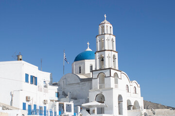 blue chapel and bell tower in Pyrgos - Powered by Adobe