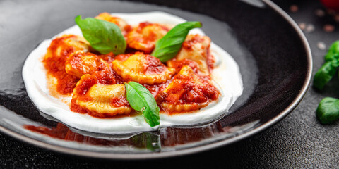 ravioli tomato sauce italian food second course meal food snack on the table copy space food background rustic top view