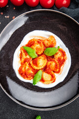 ravioli tomato sauce italian food second course meal food snack on the table copy space food background rustic top view