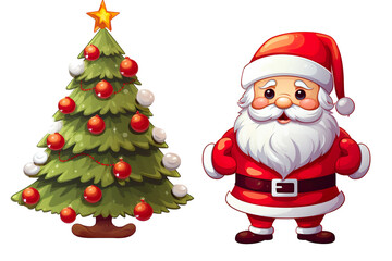 Fototapeta premium cute santa claus smiling side by side christmas tree, white isolated background,cartoon style PNG