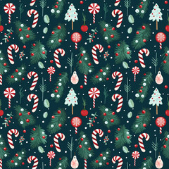 Seamless christmas pattern with fir and candy canes.