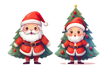 cute santa claus smiling side by side christmas tree, white isolated background,cartoon style PNG