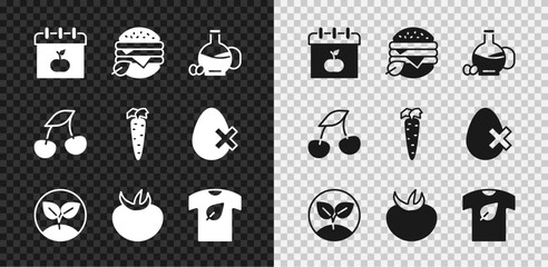 Set World Vegetarian day, Vegan food diet, Bottle of olive oil, Sprout, Tomato, shirt, Fresh berries and Carrot icon. Vector