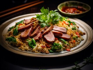 an Eight Treasure Duck, sliced open revealing various fillings, such as chestnuts and shrimp, plated elegantly with a side of fried rice and garnished with cilantro